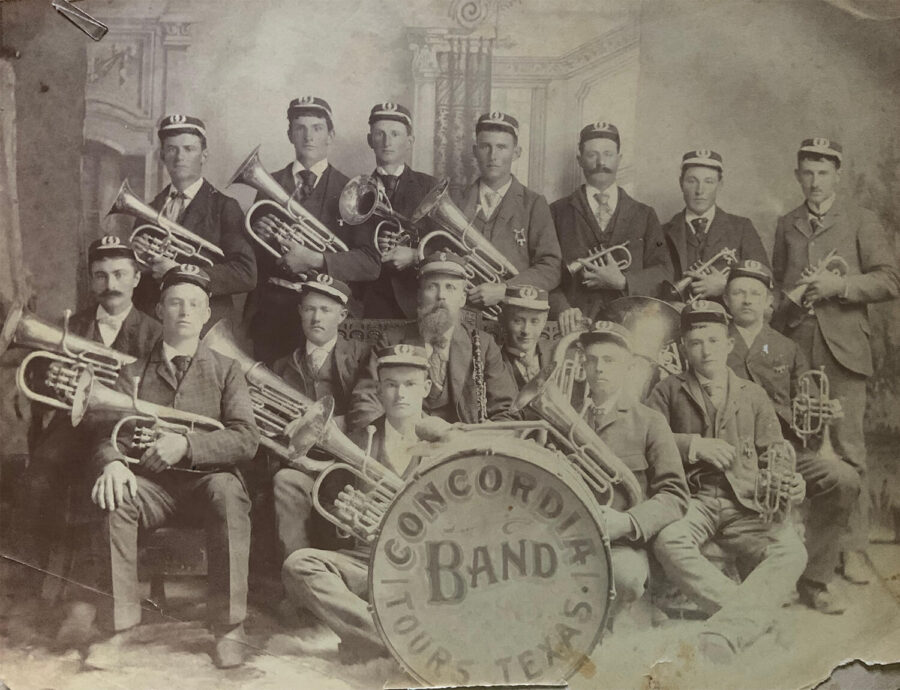 The Concordia band Joseph seated in the center Tours Texas (early 1900’s)